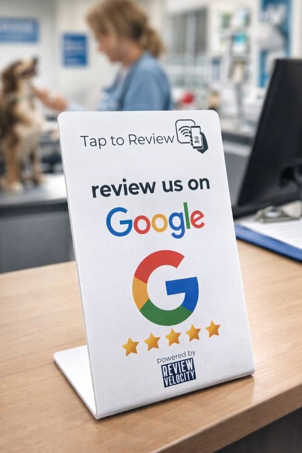 Review Velocity Tap to Review Google stand on a veterinary reception desk